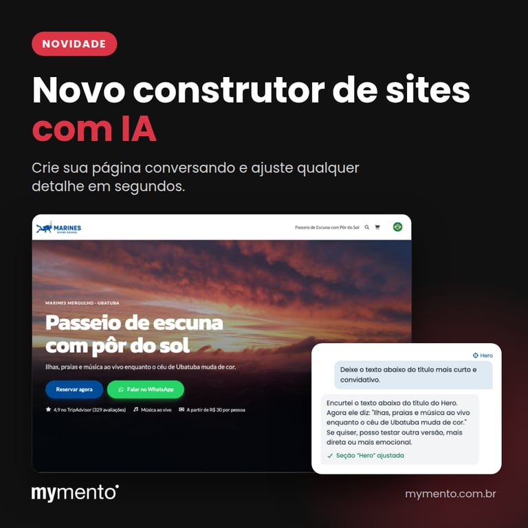 Novo construtor de sites com IA da mymento: prévia de página de passeio e chat em que a IA ajusta só o texto pedido.