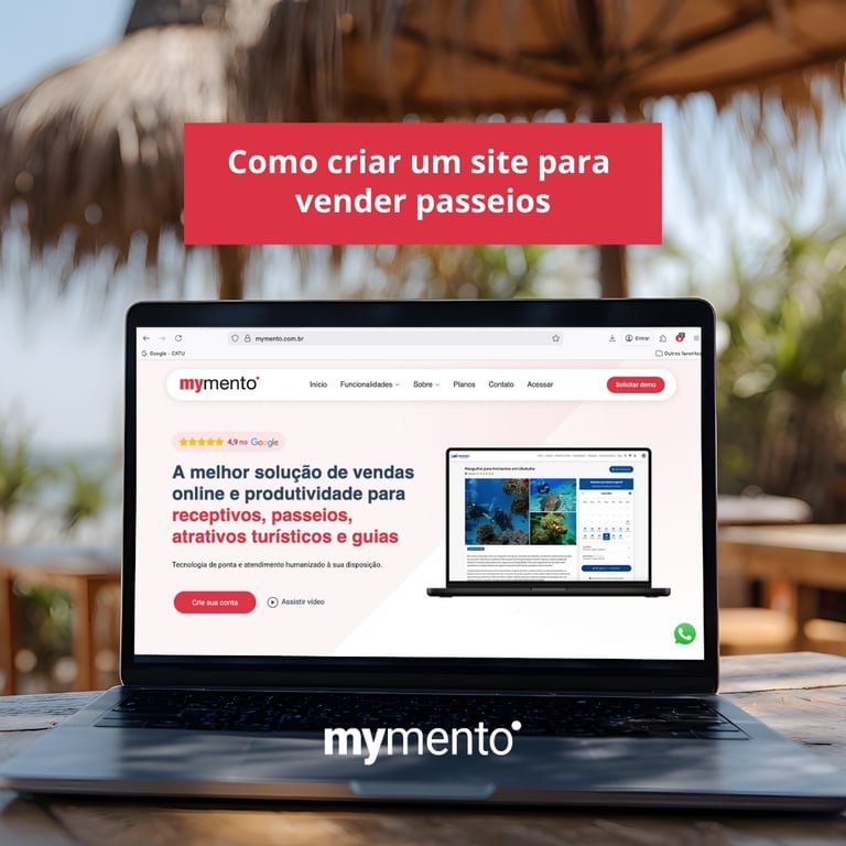 Site profissional para venda de passeios turísticos com fotos de experiências, agenda online e botão de reserva integrado.