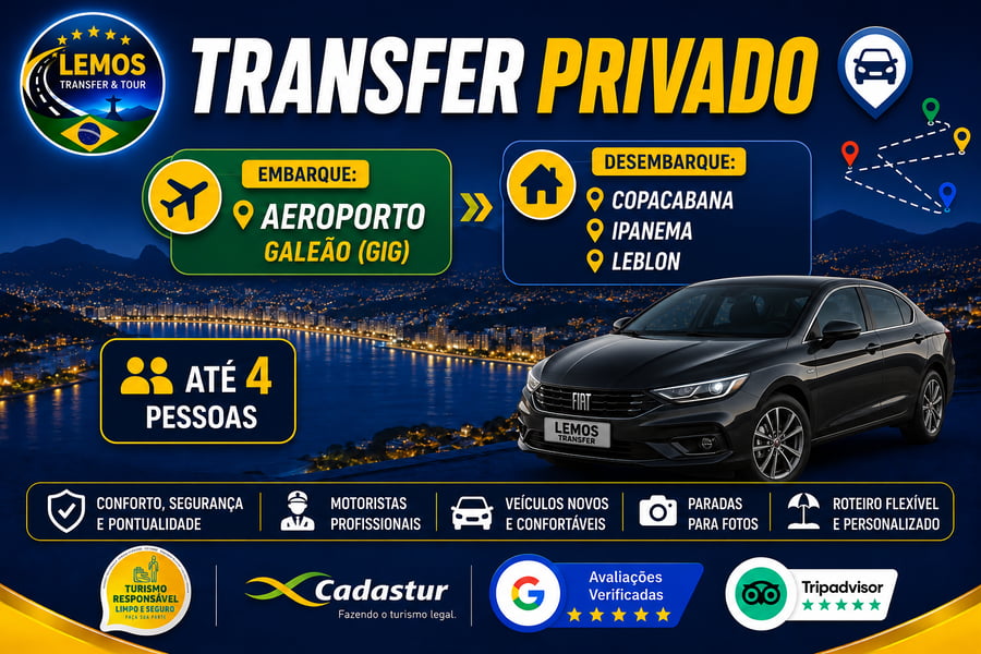 Transfer Privado – Aeroporto Galeão para Zona Sul-Copacabana,Ipanema e Leblon(até 4 pessoas) Desfrute de um transfer exclusivo com conforto e segurança do Aeroporto do Galeão até  a zona sul do Rio de Janeiro 