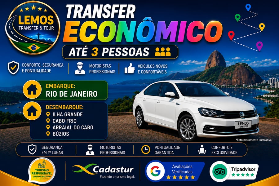 Transfer Privado Econômico– (até 3 pessoas) Desfrute de um transfer exclusivo com conforto e segurança. Serviço ideal para até 3 pessoas para quem busca economia com motorista profissional, pontualidade e suporte em tempo real. Reserve agora e comece sua viagem com tranquilidade!