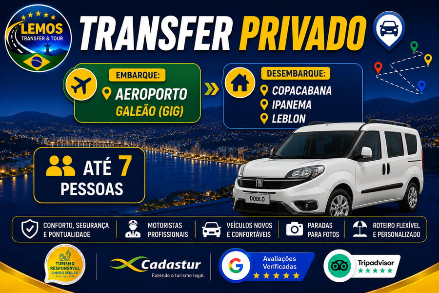 Transfer Privado – Aeroporto Galeão para Zona Sul-Copacabana,Ipanema e Leblon(até 4 pessoas) Desfrute de um transfer exclusivo com conforto e segurança do Aeroporto do Galeão até  a zona sul do Rio de Janeiro 