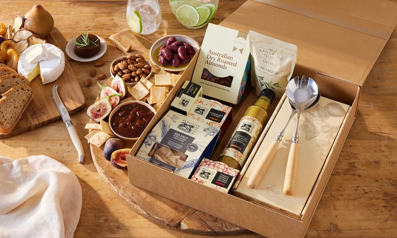 Gourmet Entertaining Hamper — premium crackers, condiments, wines, and chocolates by Gourmet Basket
