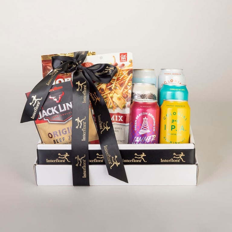 Classic Hamper for Him — premium Australian craft beers with gourmet beef jerky and nuts, by Interflora