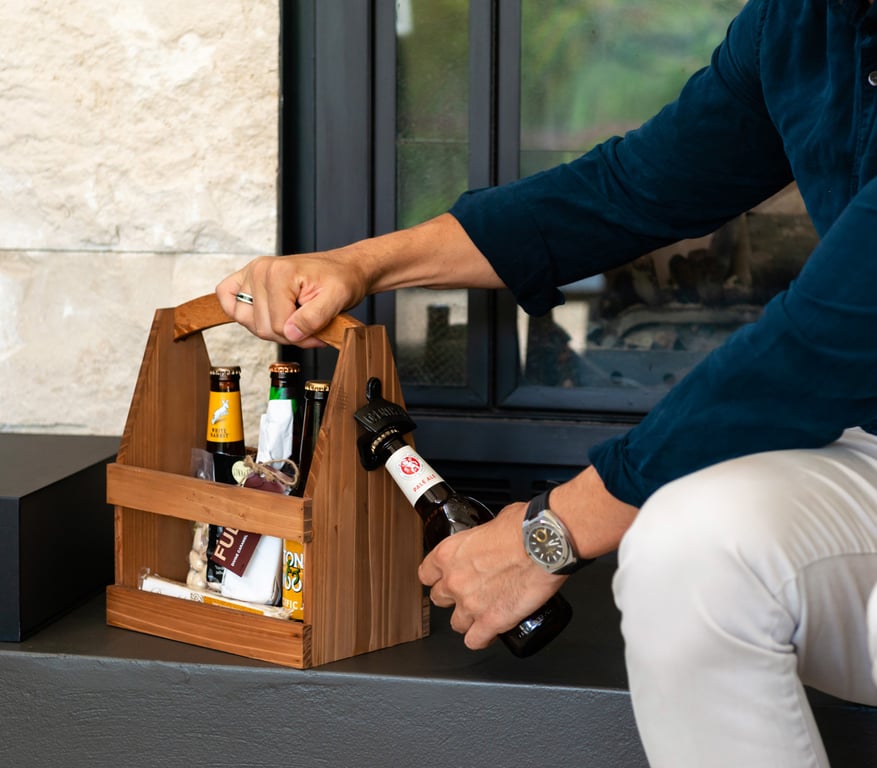 Wooden Beer Caddy with Snacks