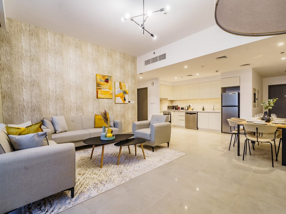 Open-plan living room with kitchen and dining area