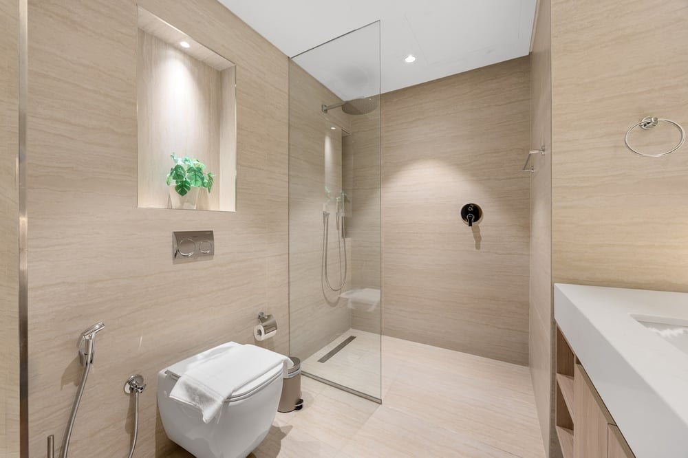 Bathroom with walk-in shower, toilet and washbasin