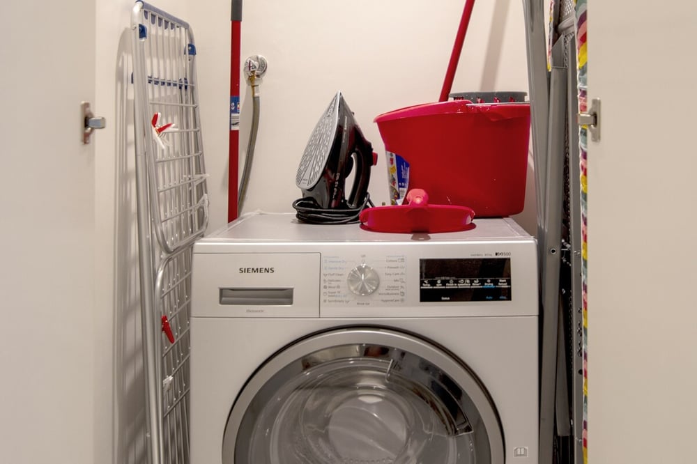 Laundry closet with washing machine, iron and mop