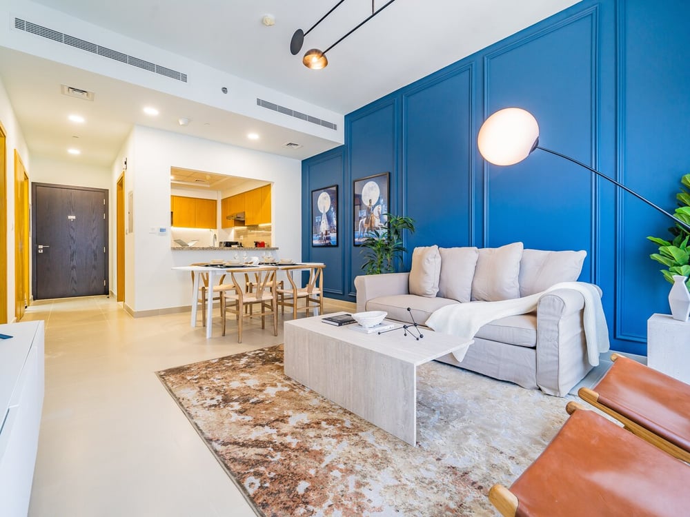 Open plan living room with kitchen and dining area