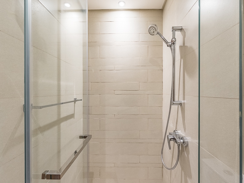 Walk-in shower with glass panel