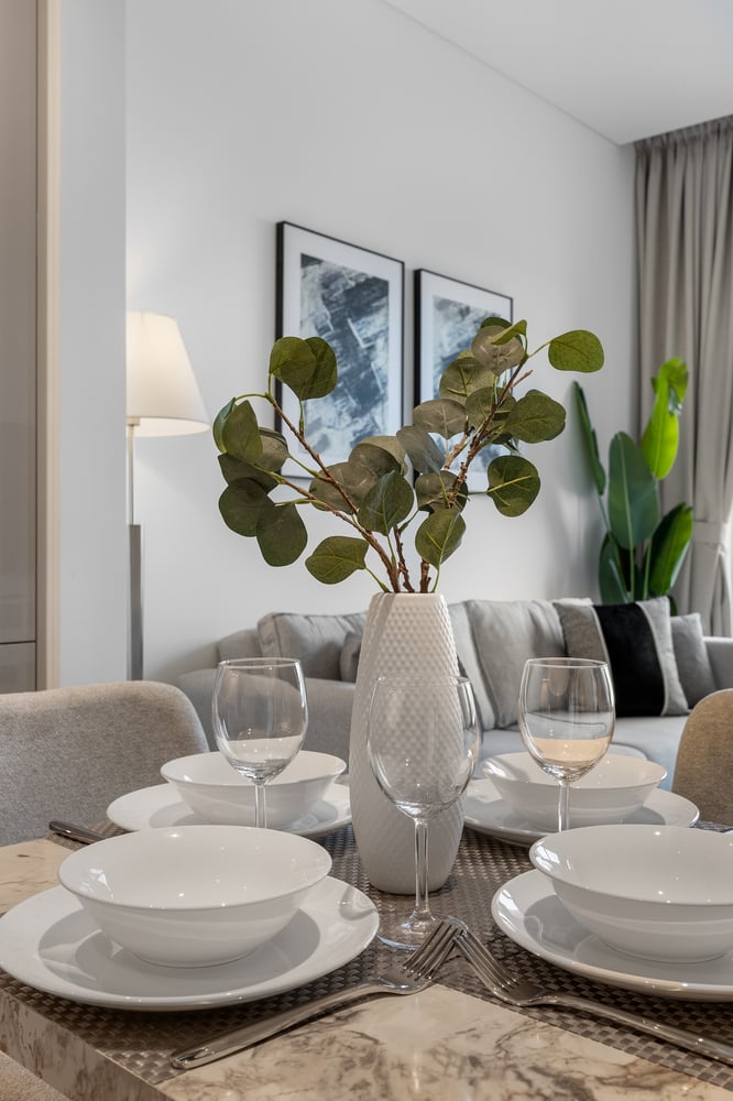 Dining table close-up with tableware set