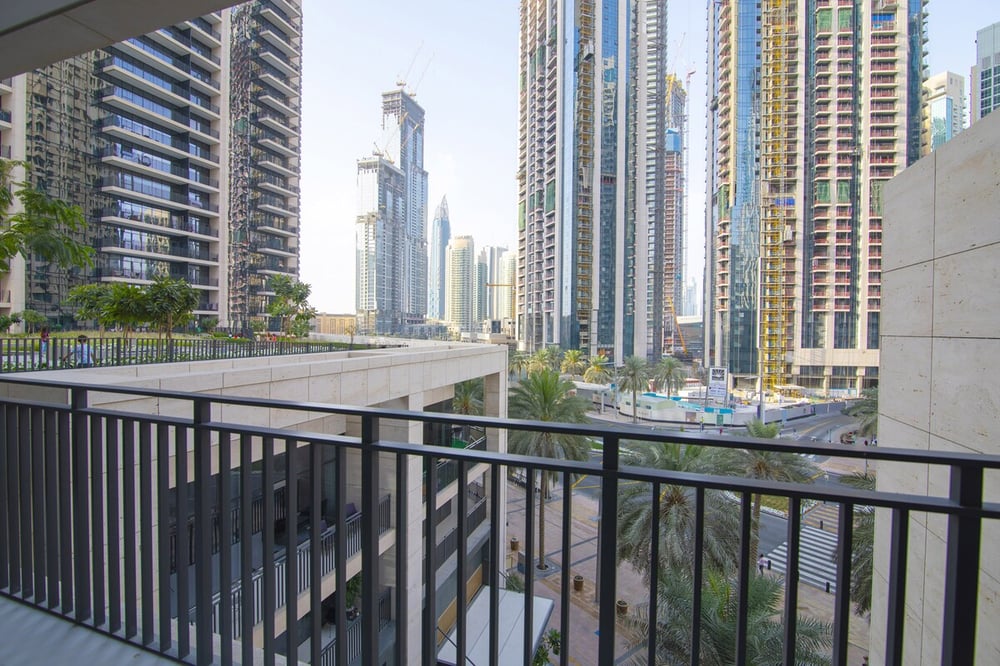 Balcony with city skyline and canal view