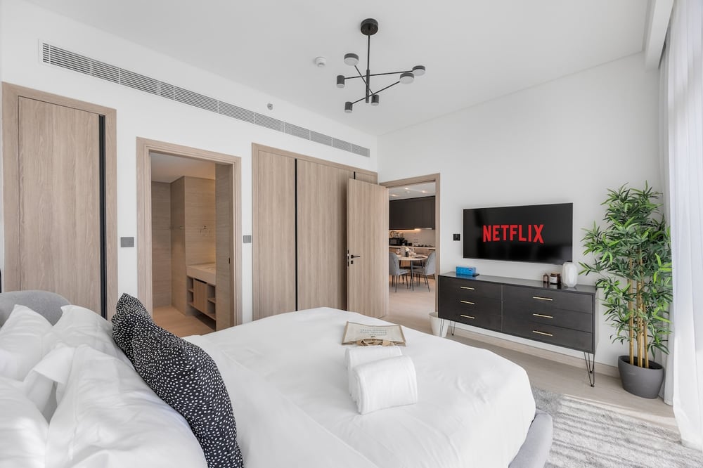 Bedroom with double bed, Netflix TV, wardrobe and plant