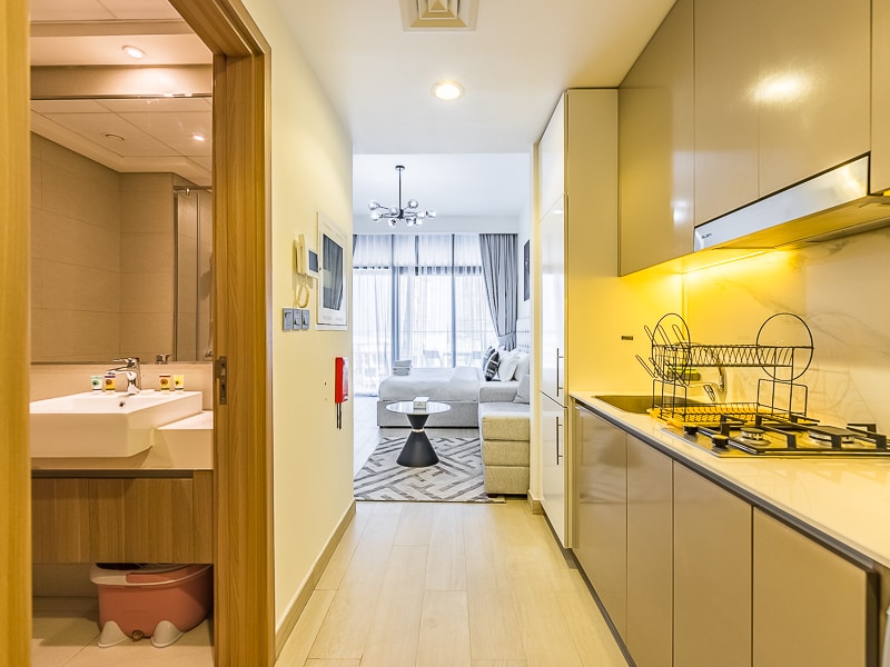 Studio open plan showing kitchen bathroom entrance and living area