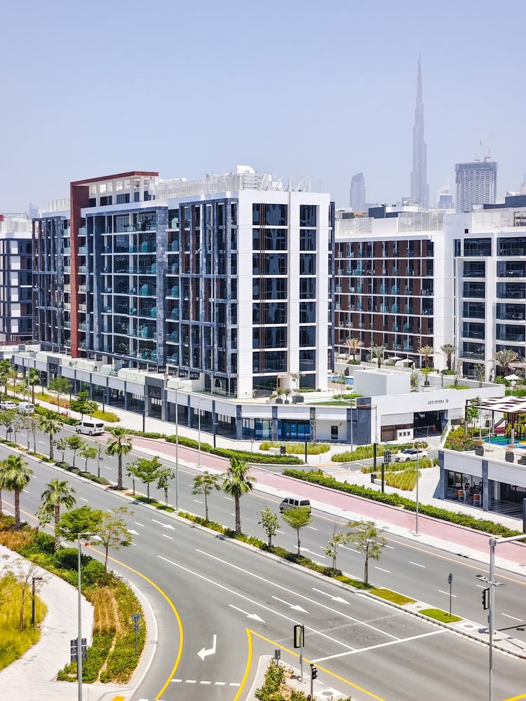 Street-level view of mixed residential development