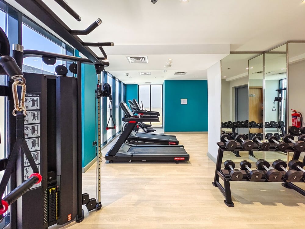 Gym with weight rack treadmill and cable machine