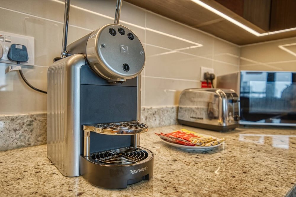 Kitchen counter with coffee machine and toaster