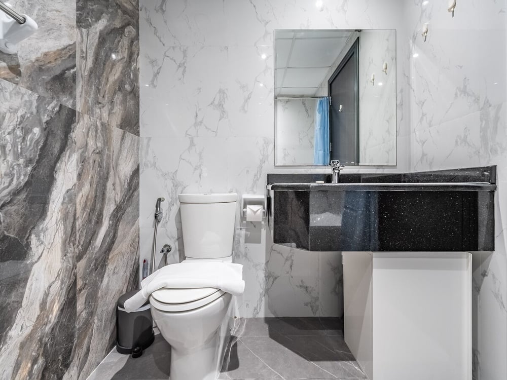 Marble bathroom with toilet and vanity sink