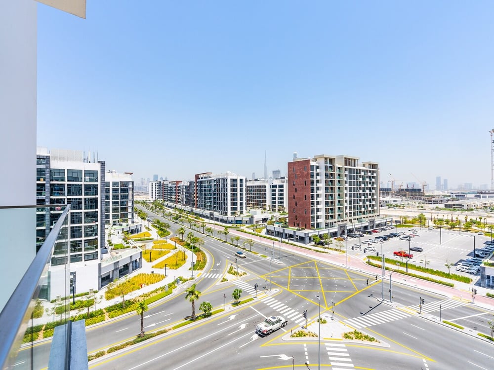 City street view with residential buildings