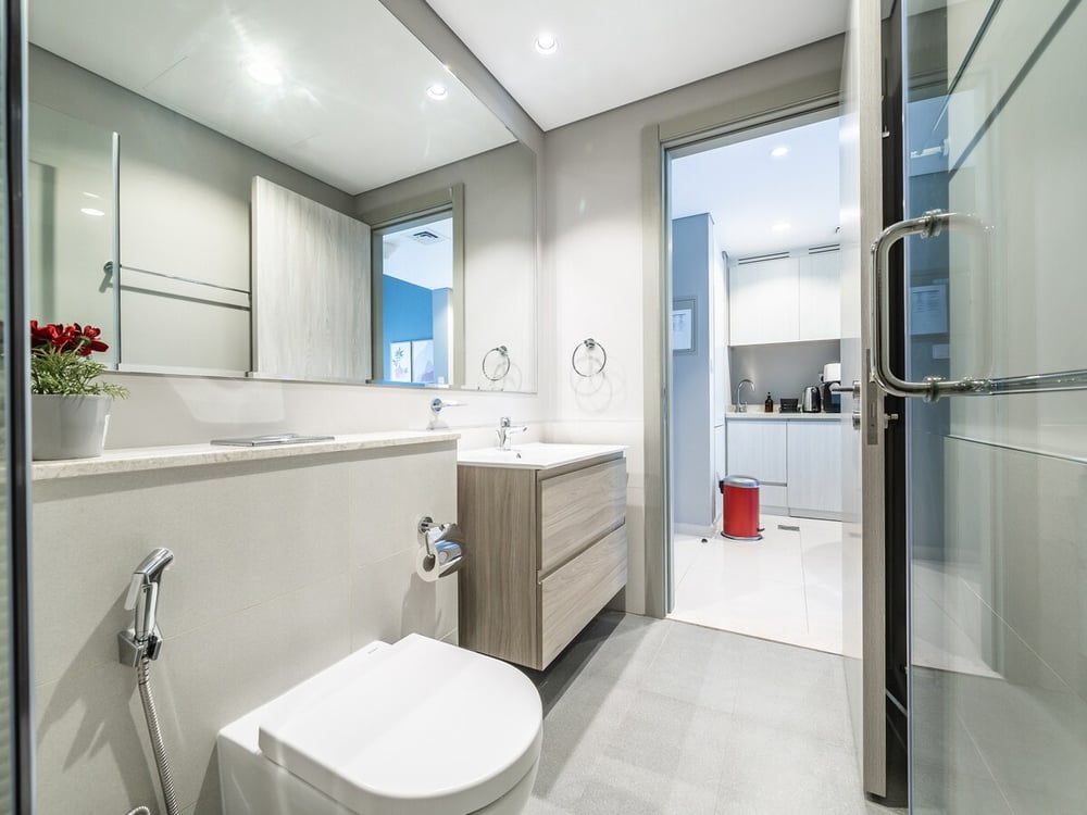 Bathroom with wall-hung toilet vanity mirror and shower