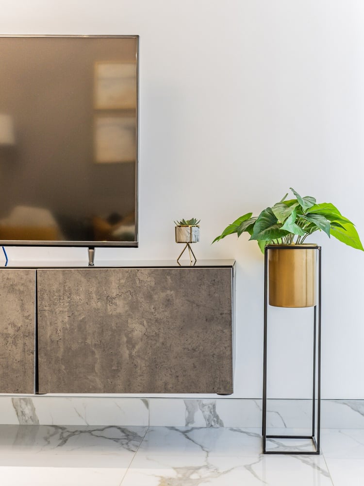TV sideboard and plant on marble floor