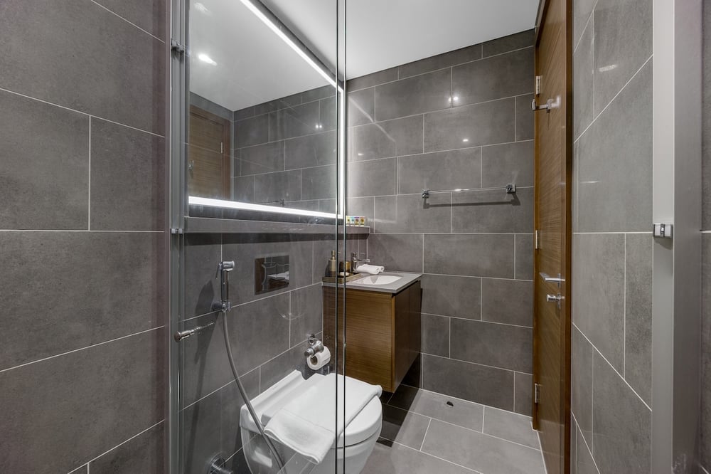 Bathroom with walk-in shower, vanity and toilet