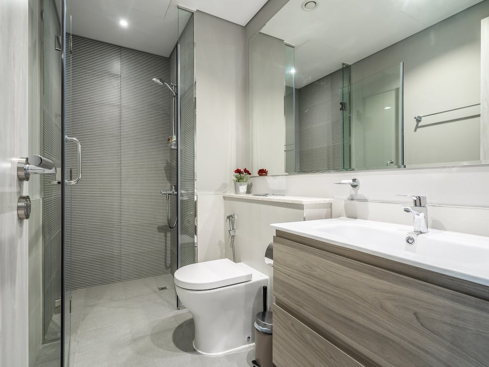 Bathroom with walk-in shower toilet and vanity