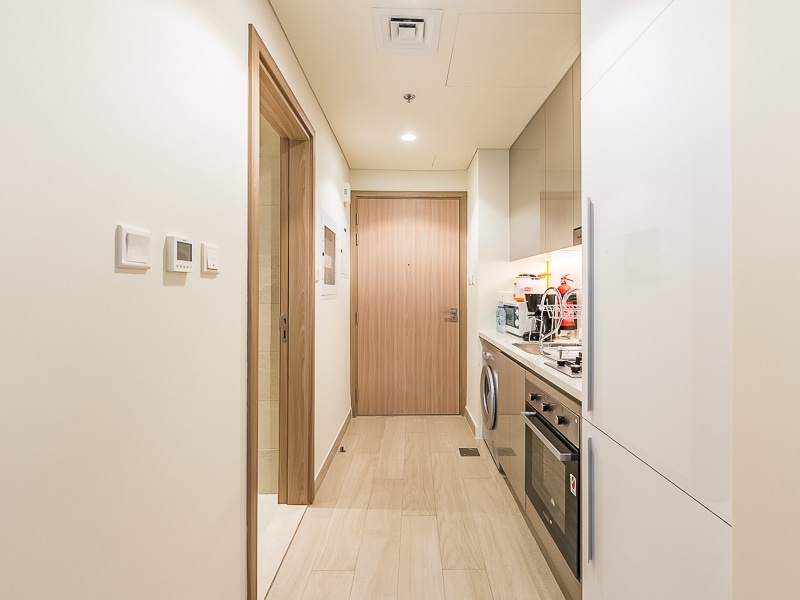Studio entrance hallway with kitchen and main door