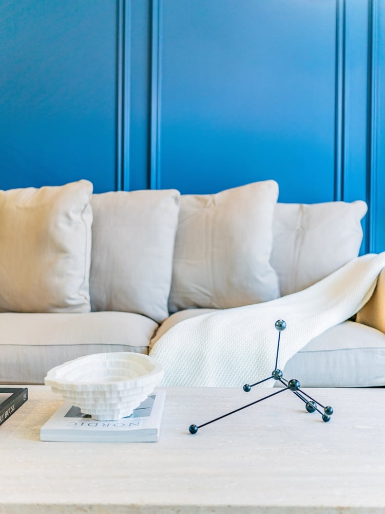 Close up of sofa with cushions and coffee table