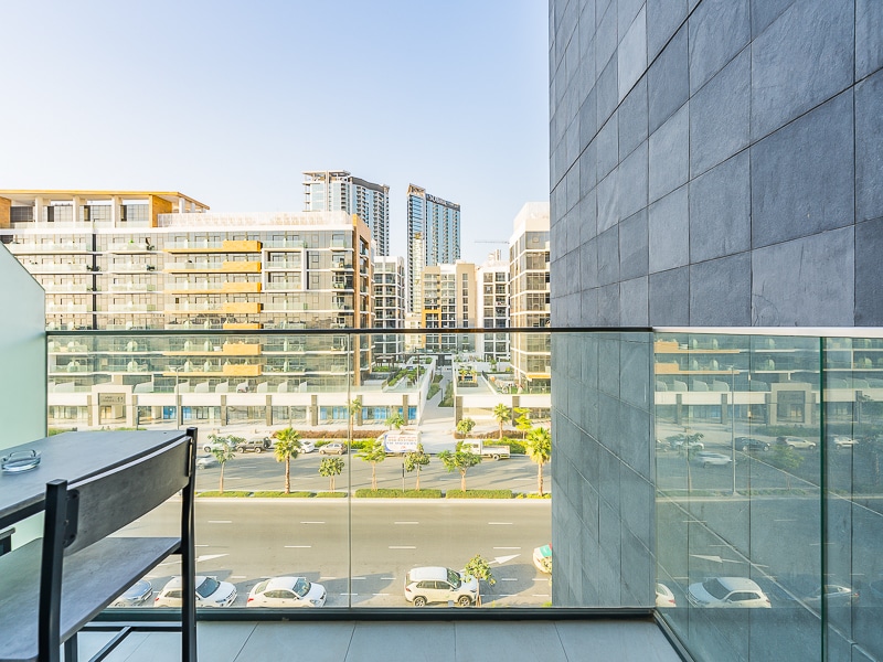 Balcony with city and building views