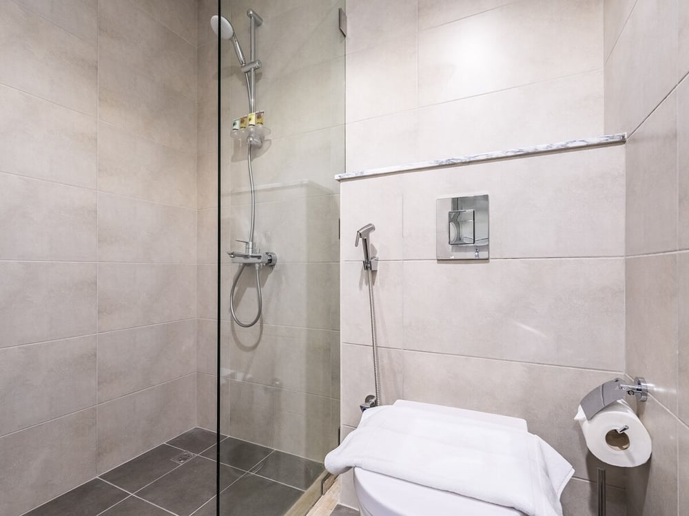 Bathroom with walk-in shower and toilet