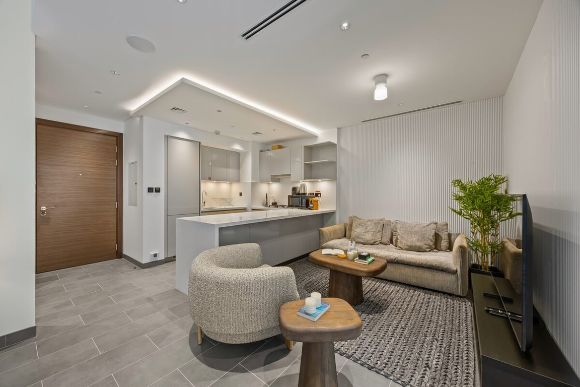 Open-plan living room and kitchen with sofa and entrance door