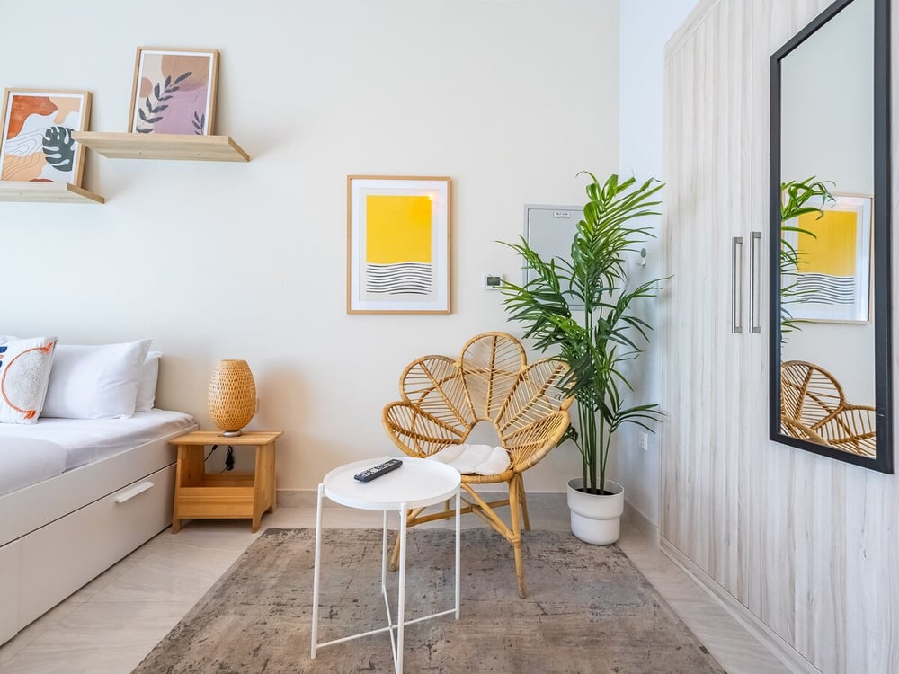 Studio seating corner with rattan chair wardrobe and plant