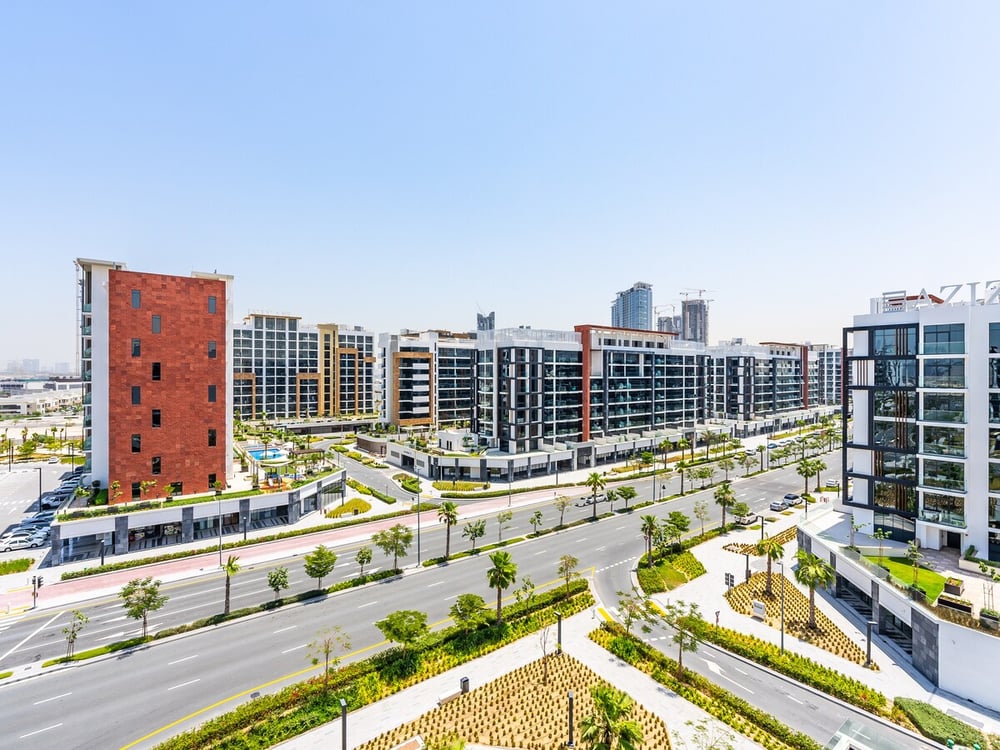 Aerial view of residential buildings and streets