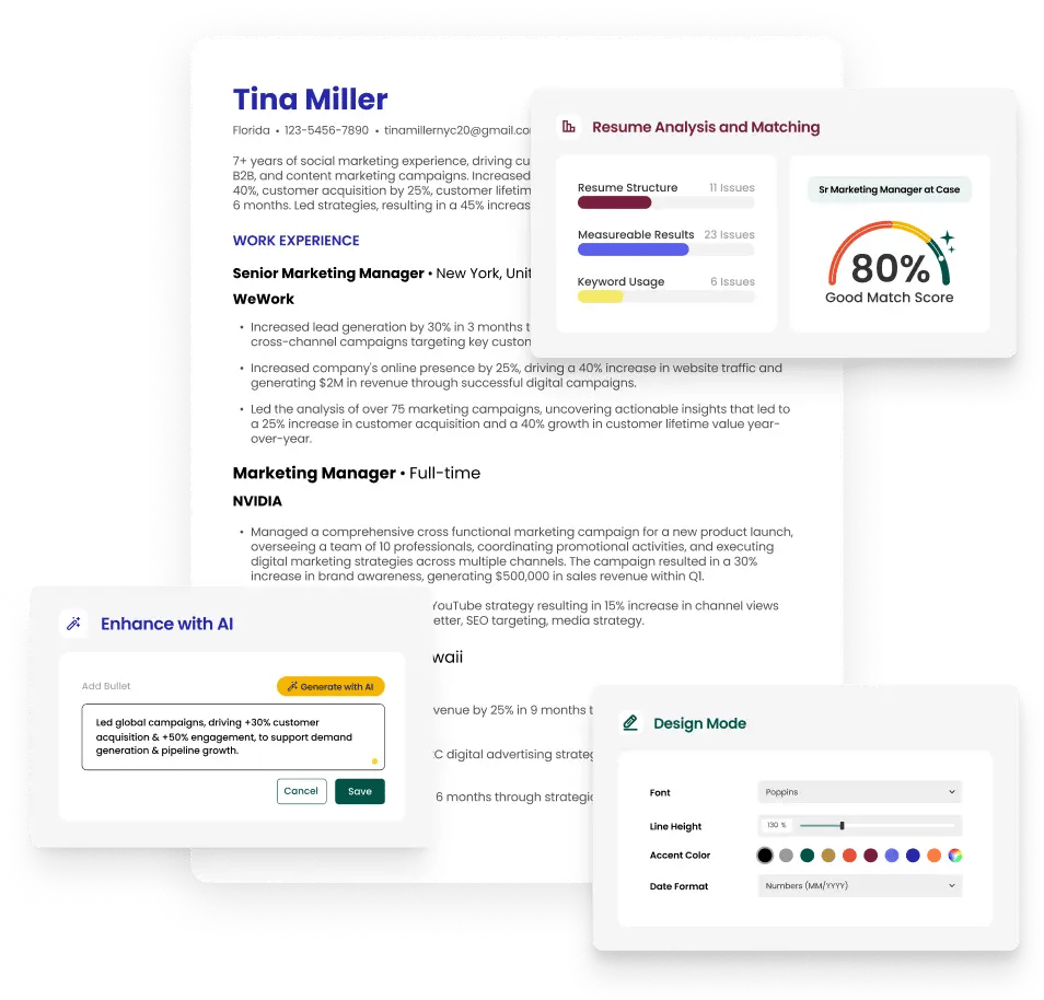 Teal Resume Builder preview showing resume creation, AI enhancement, matching analysis, and design controls.