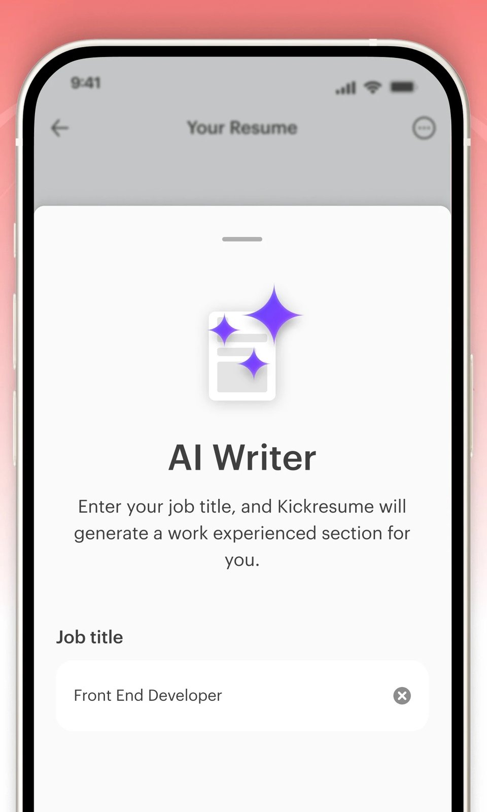 Kickresume mobile app showing the AI Writer job-title field for generating a work-experience section.