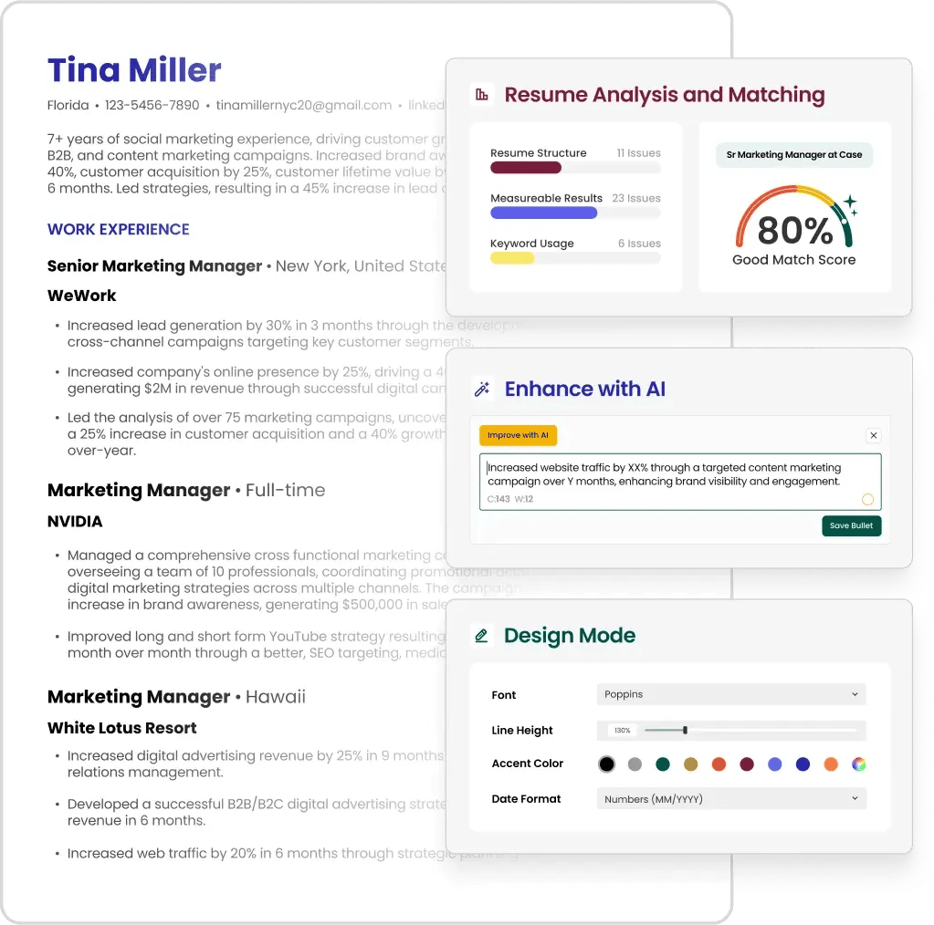 Teal Resume Builder showing resume analysis, job matching, AI enhancement, and design tools.