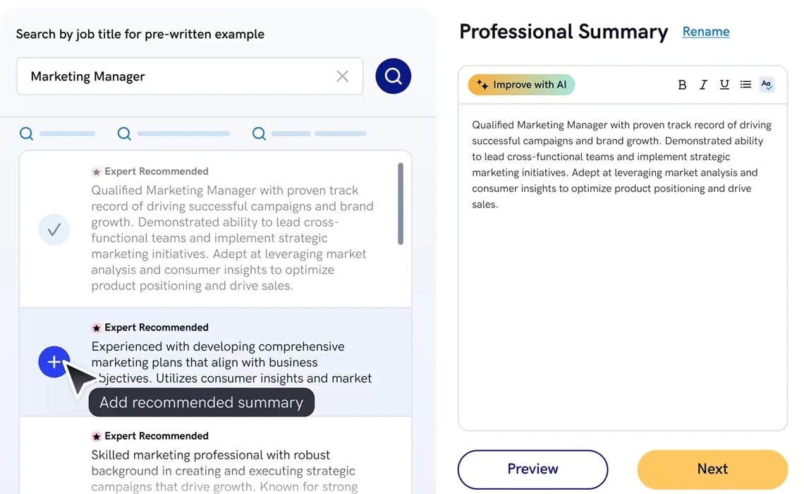 Zety resume builder showing recommended summary options beside the Professional Summary editor.