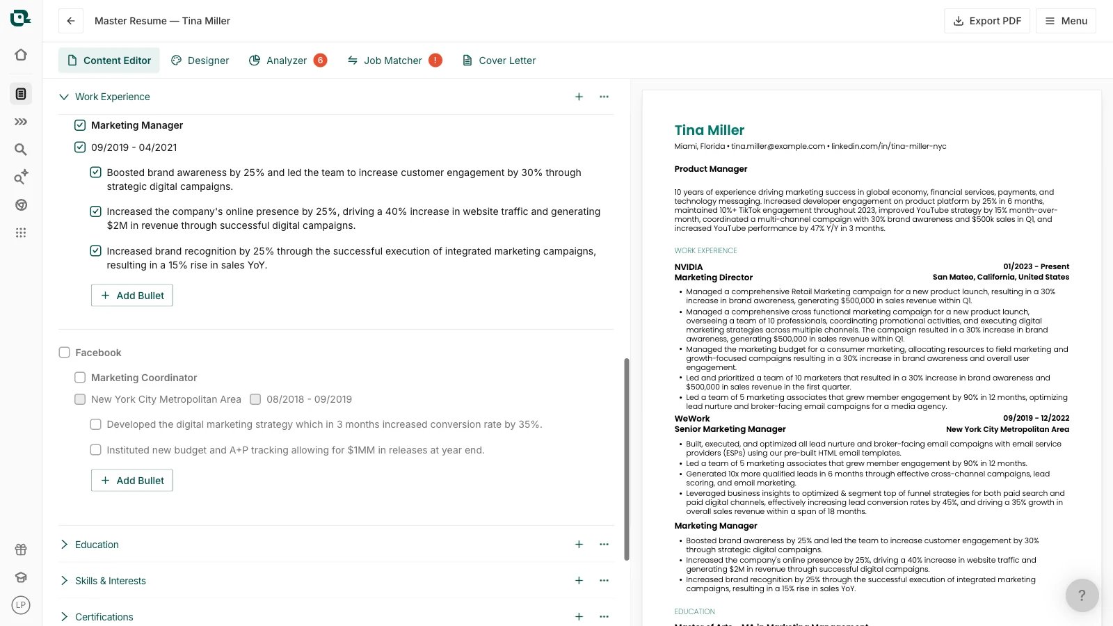 Teal Resume Builder with a past role deselected so it stays in the source resume without appearing in this version.