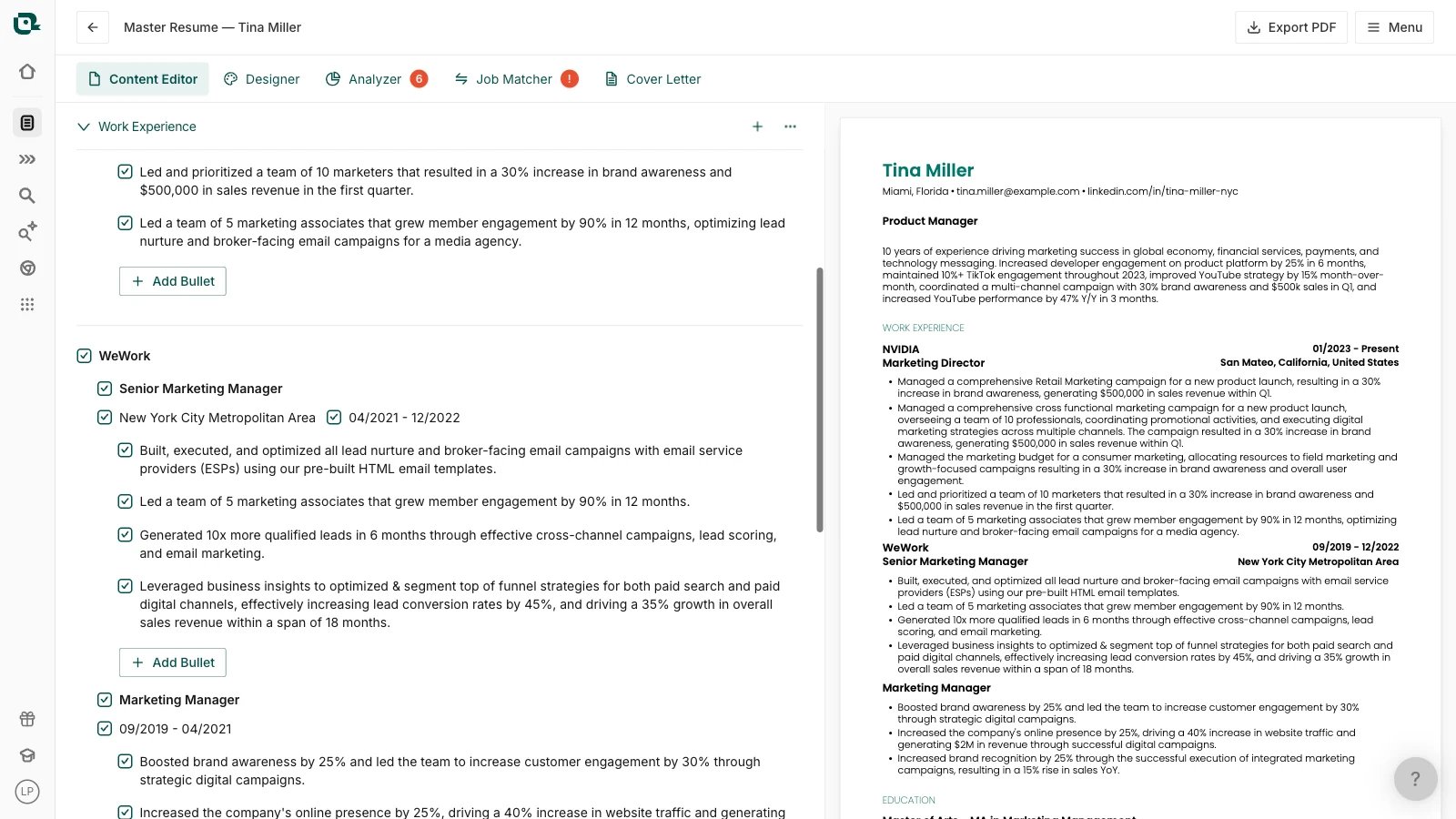 Teal Resume Builder showing selected and deselected experience, controls for reordering content, and the tailored resume preview.