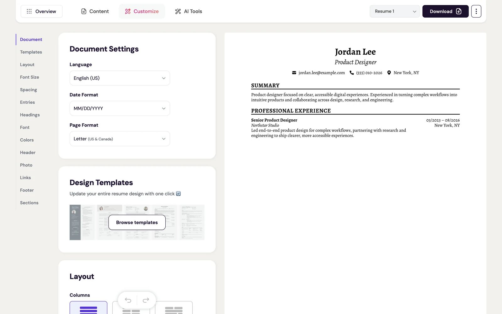 FlowCV resume builder workspace with template and editing controls
