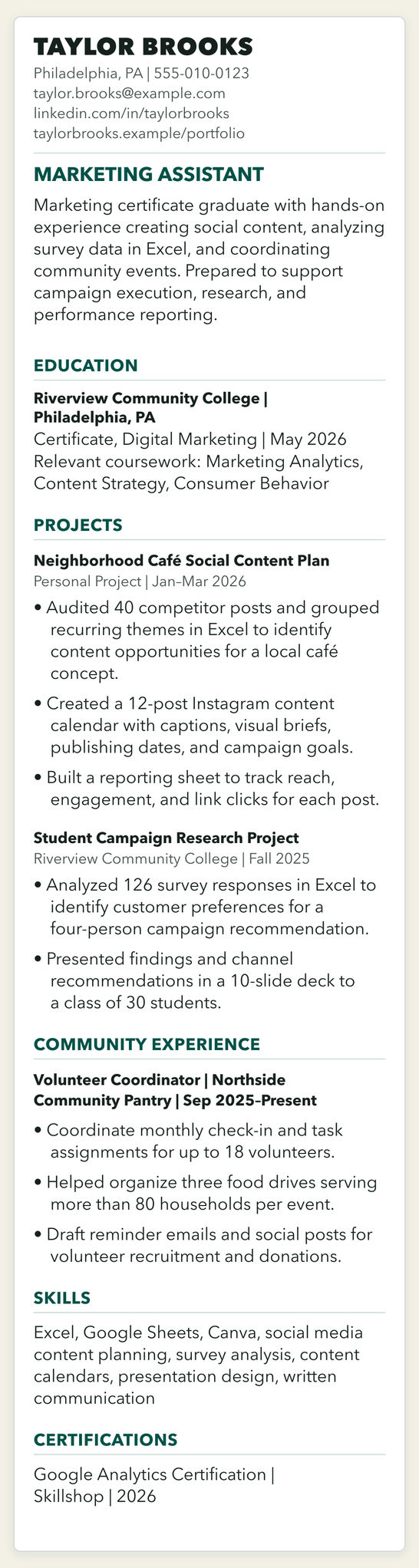 Example resume for an entry-level marketing assistant, built from education, a personal project, a class project, community volunteering, a skills list and a certification instead of paid work history. The full text follows under &ldquo;View or copy the full resume text.&rdquo;