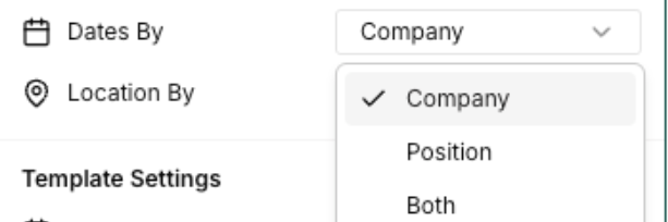 Teal Resume Builder Section Settings menu showing Dates By options for Company, Position, and Both.
