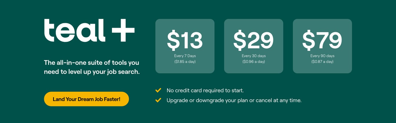 Teal+ pricing: $13 every 7 days, $29 every 30 days, or $79 every 90 days