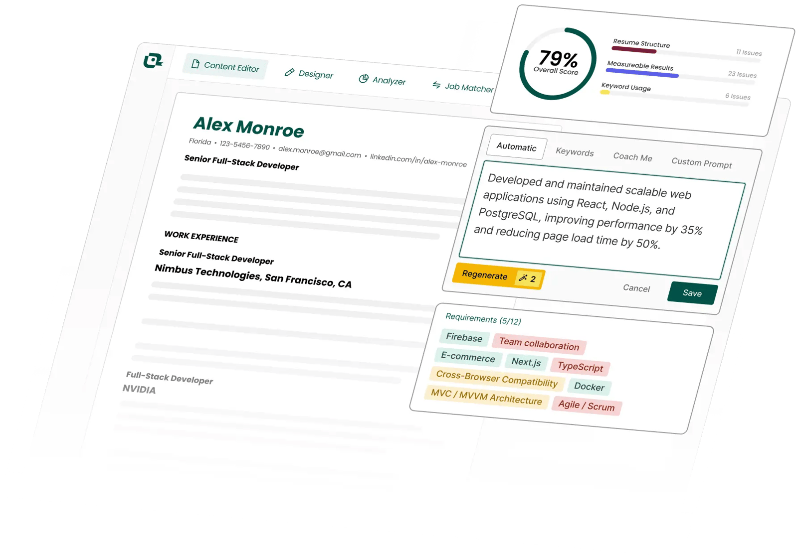 Teal ATS resume builder showing an optimized resume, analysis score, and keyword matching