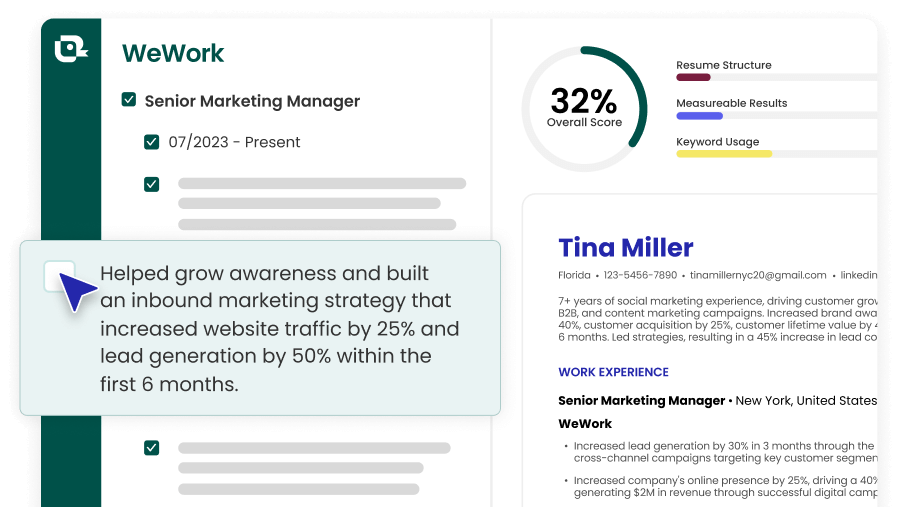 Editing work experience and achievements in the Teal resume editor