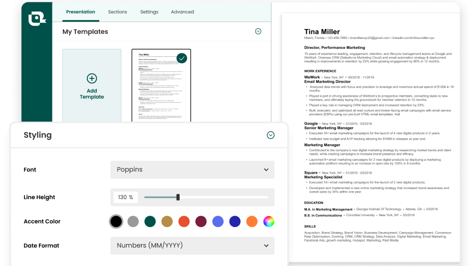 Choosing a resume template and adjusting font, line height and accent color in Teal