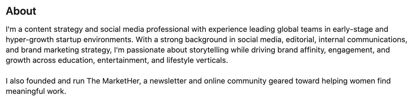 LinkedIn summary example using keywords