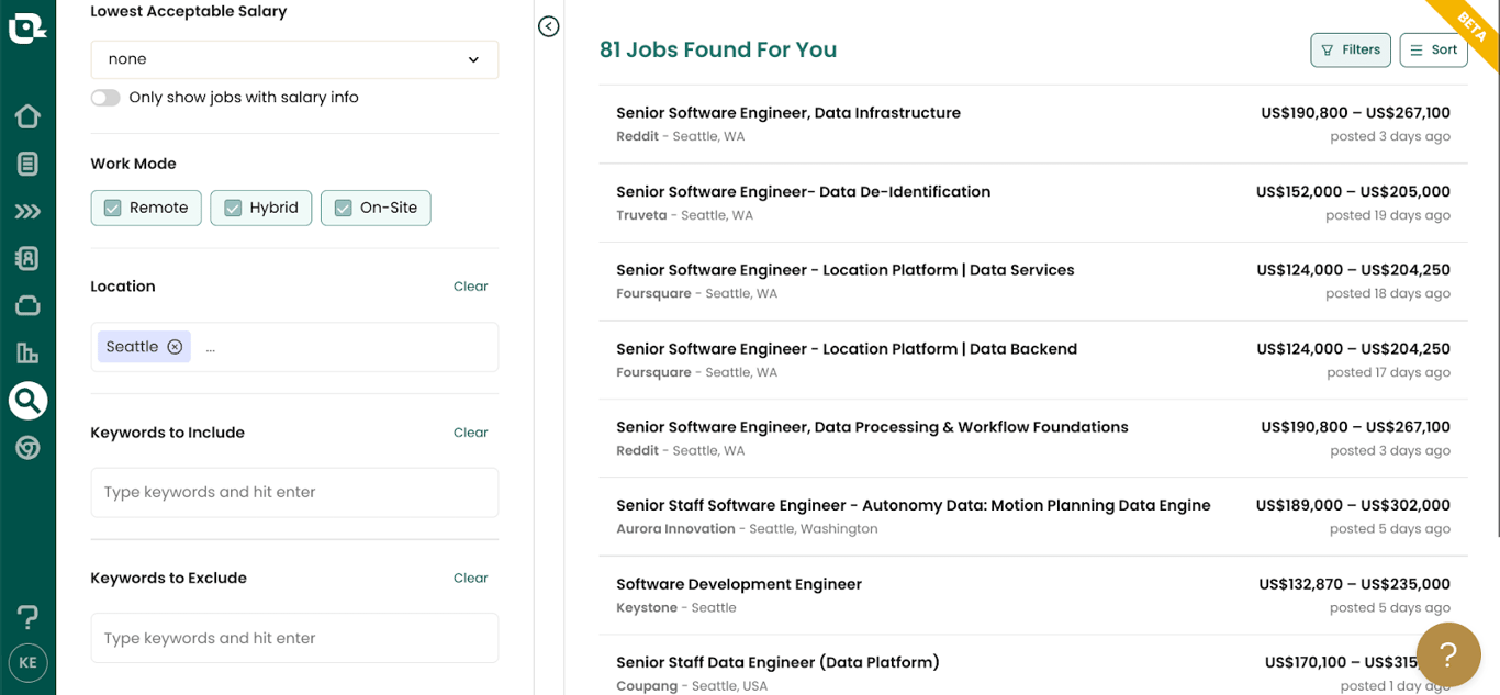 Teal’s online Job Search board filters include remote and hybrid options