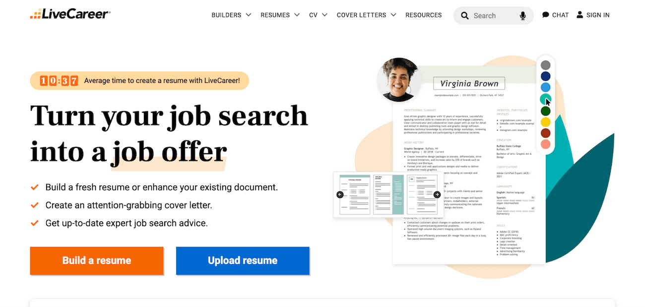 LiveCareer homepage