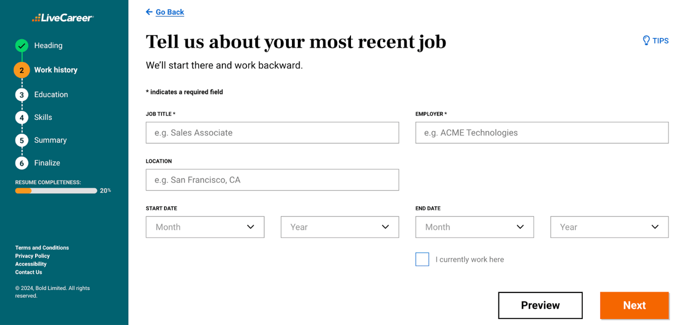 LiveCareer’s resume builder interface